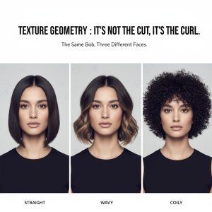 Concept: A high-fashion, editorial triptych featuring the same square-faced model with a chin-length bob, styled pin-straight (Type 1A), wavy (Type 2C), and coily (Type 4A) to visually demonstrate the impact of texture on face shape.